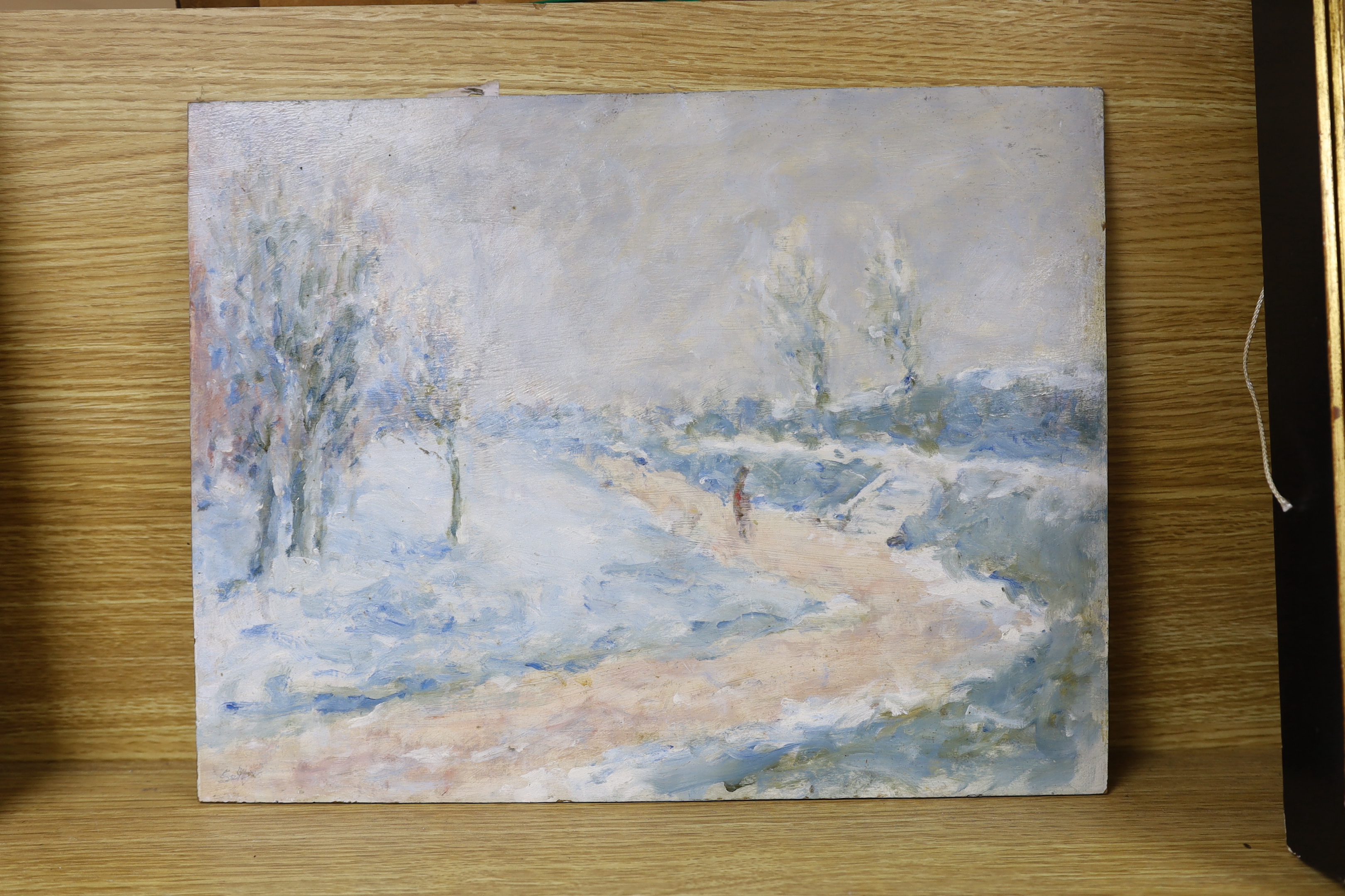 Modern British, oil on board, Winter landscape, indistinctly signed, 30 x 39cm, unframed